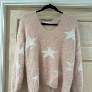 Lush Soft Pink V-Neck Sweater with White Stars